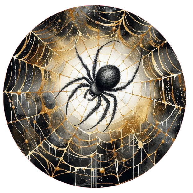 Black Spider on a Gold Web - Metal Wreath Sign - 6