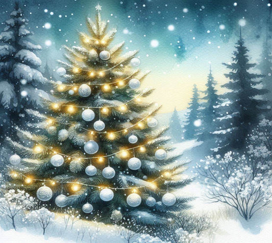 Decorated Christmas tree with lights and ornaments in a snowy forest setting