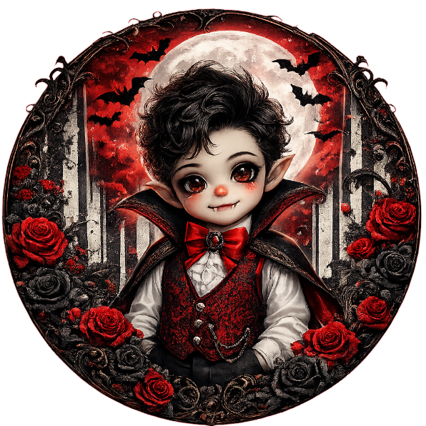 Round metal wreath sign with red roses and a gothic young vampire boy by Monkey's Creations. 