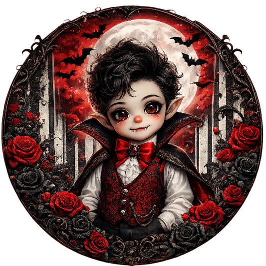 Round metal wreath sign with red roses and a gothic young vampire boy by Monkey's Creations. 