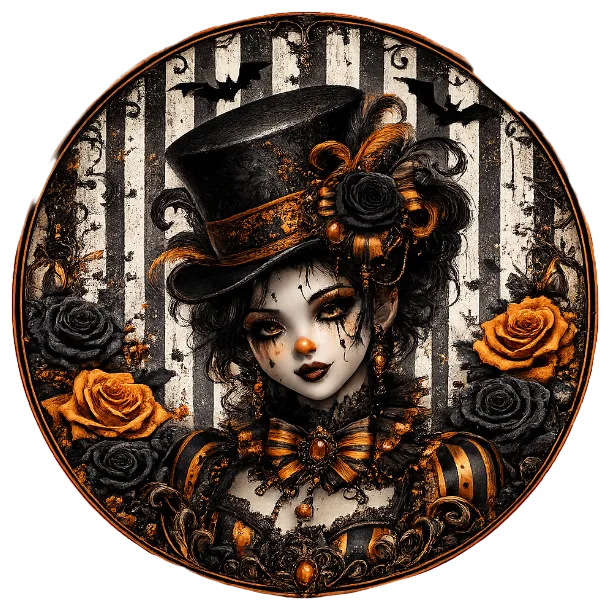 Round metal wreath sign with a gothic woman wearing a top hat with black and orange roses by Monkey's Creations. 