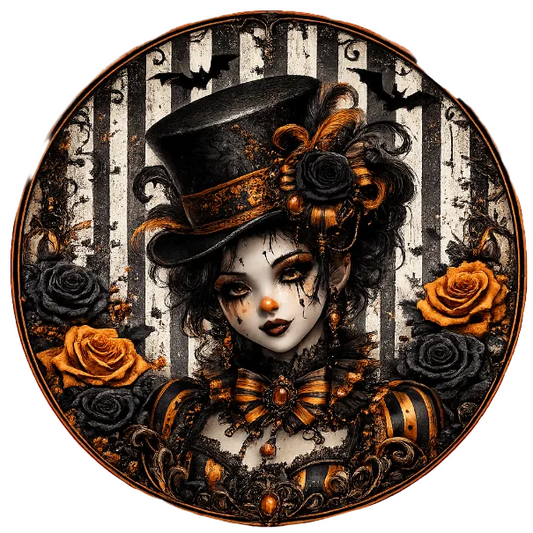 Round metal wreath sign with a gothic woman wearing a top hat with black and orange roses by Monkey's Creations. 
