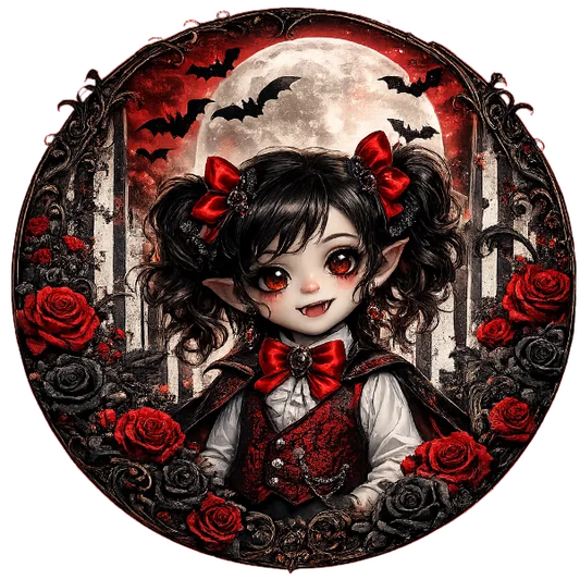 Round metal wreath sign with red roses and a gothic young vampire girl by Monkey's Creations. 