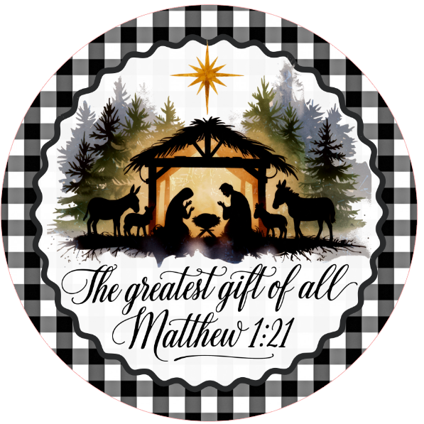 Nativity scene with checkered border and 'The greatest gift of all - Matthew 1:21' text on a white background
