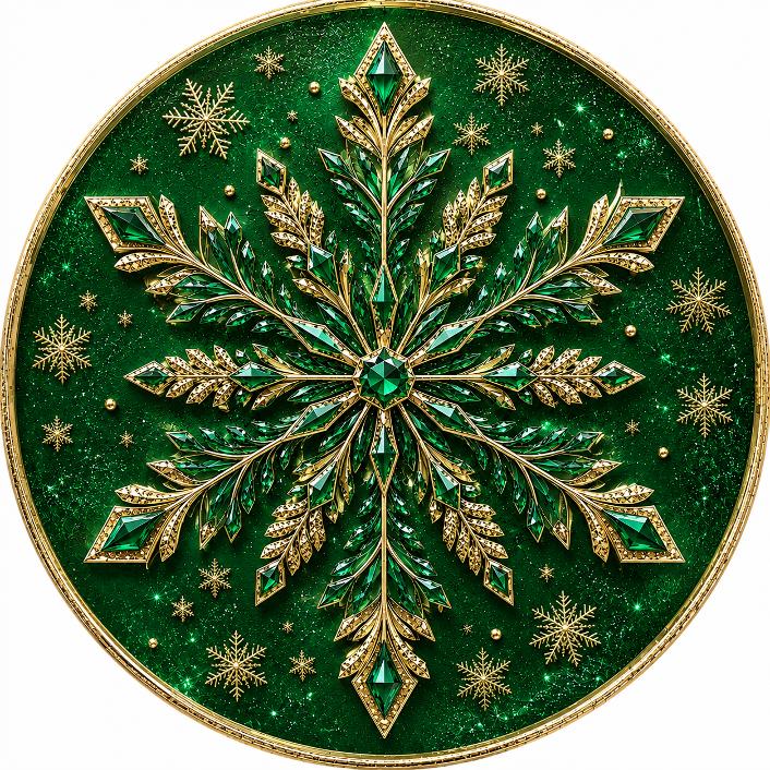 Round metal wreath sign with a green and gold jewel snowflake by Monkey's Creations. 