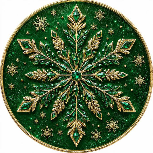 Round metal wreath sign with a green and gold jewel snowflake by Monkey's Creations. 