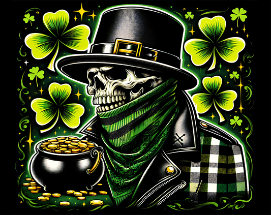 Skeleton wearing a leprechaun hat with green scarf and jacket, surrounded by shamrocks and a pot of gold.