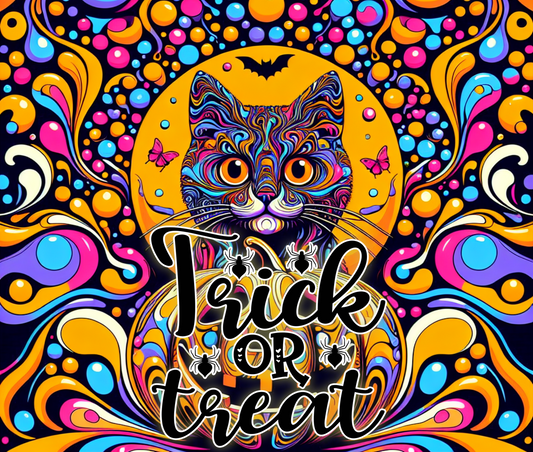 Colorful Halloween-themed design with a cat and 'Trick or Treat' text on a vibrant background.