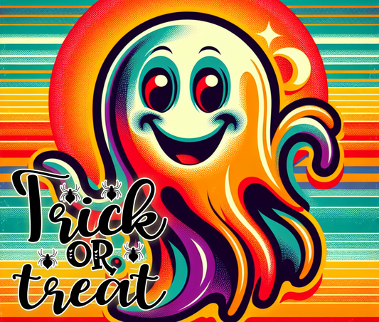 Colorful ghost illustration with 'Trick or Treat' text on a striped background