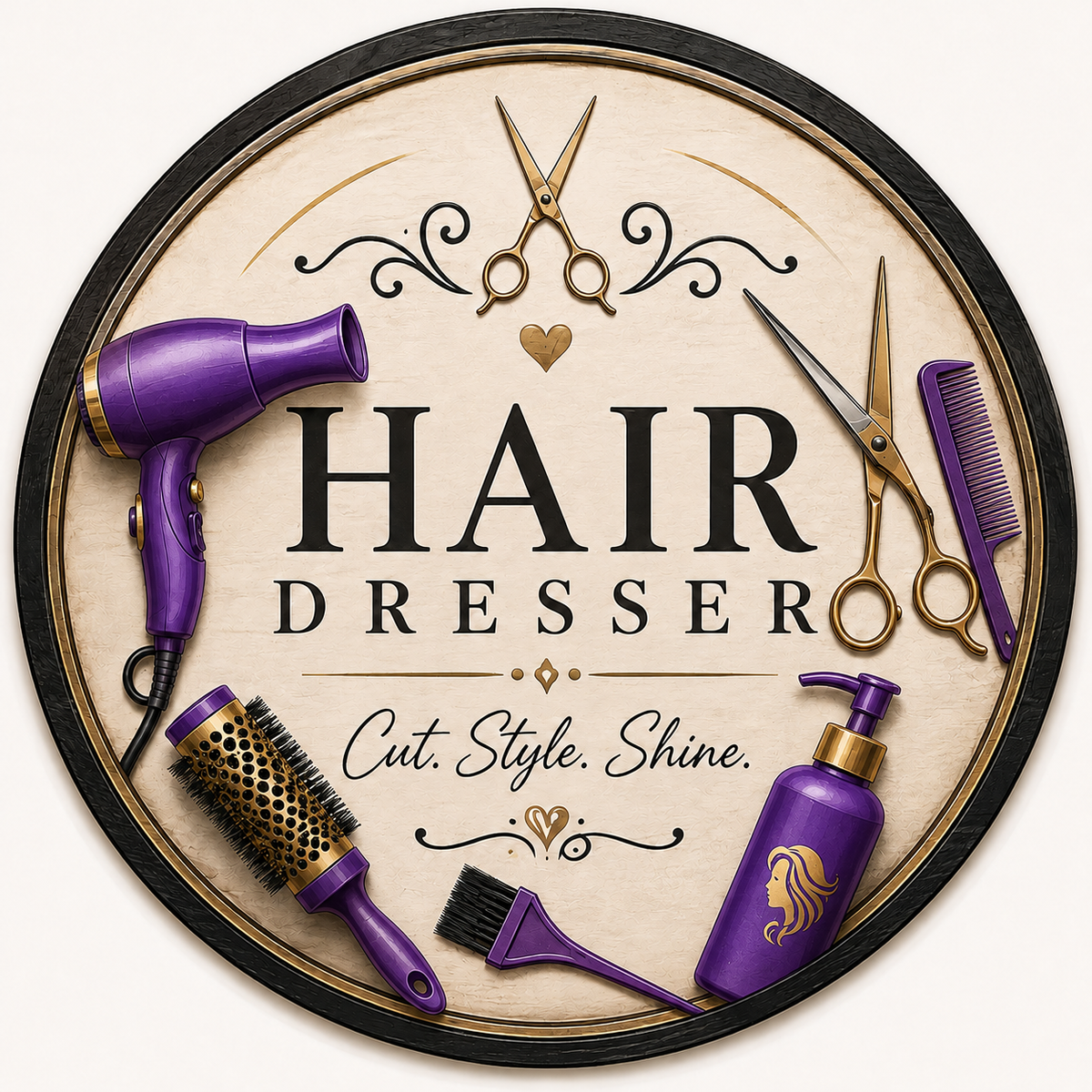 Round metal wreath sign by Monkey's Creations featuring scissors, a comb, a brush and hair styling tools in purple and gold tones with the text "hair dresser - cut, style, shine".