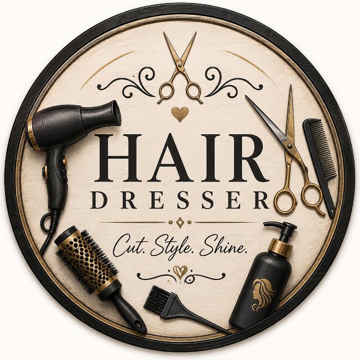Round metal wreath sign by Monkey's Creations featuring scissors, a comb, a brush and hair styling tools with the text "hair dresser - cut, style, shine".