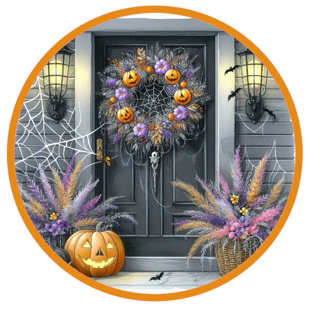 Halloween-themed door with pumpkins, wreath, and decorations 