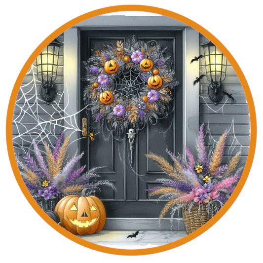 Halloween-themed door with pumpkins, wreath, and decorations 