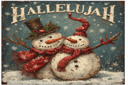 Two snowmen wearing scarves and hats with 'Hallelujah' text