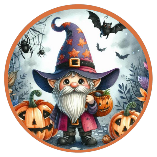 Halloween themed gnome, pumpkins, and bats 