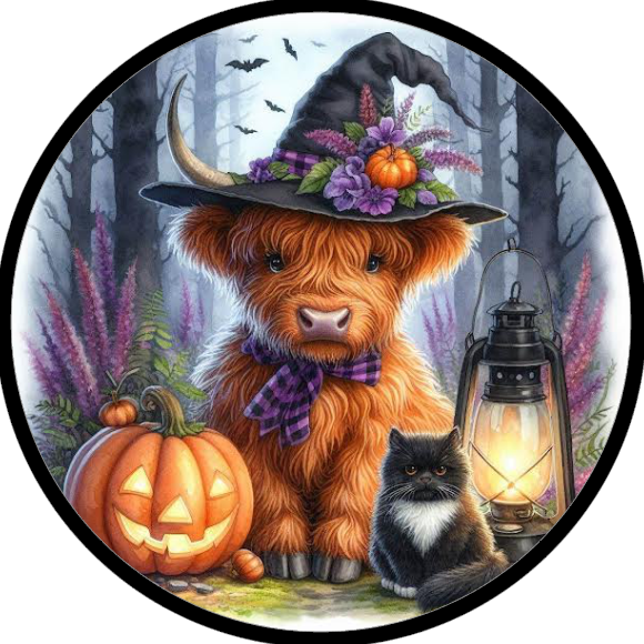 Halloween-themed highland cow wearing a witch hat in a forest with a black cat, pumpkins and a  lantern