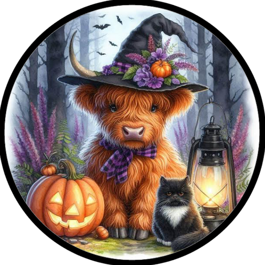 Halloween-themed highland cow wearing a witch hat in a forest with a black cat, pumpkins and a  lantern
