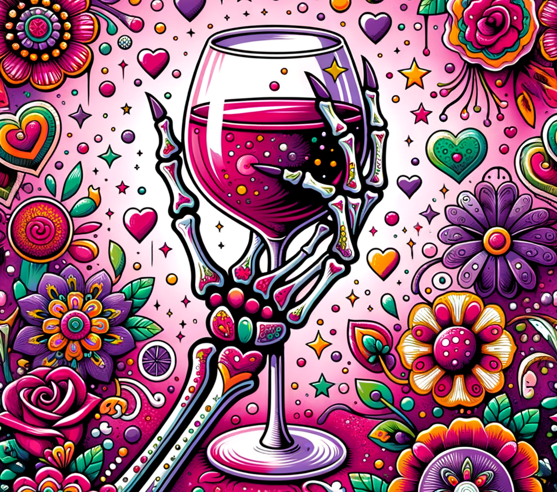 Rectangle day of the dead themed metal wreath sign featuring flowers and hearts and a skeleton and holding a glass of wine by Monkey's Creations.