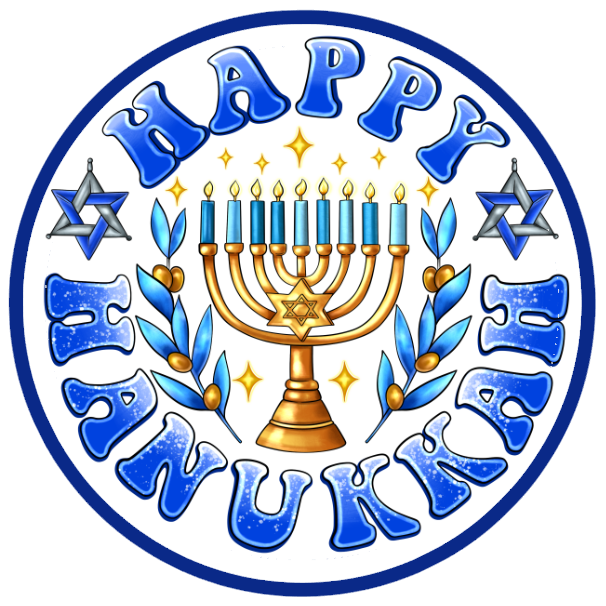 Happy Hanukkah design with Menorah, Star of David, and text on a white background