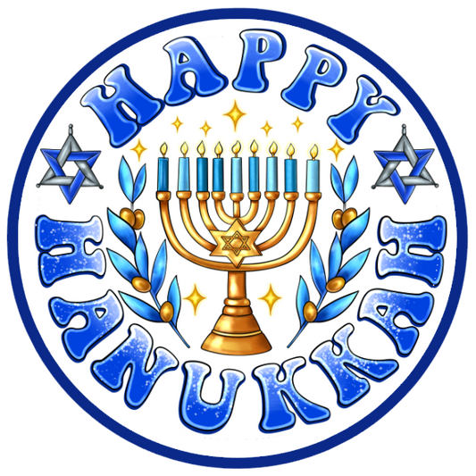 Happy Hanukkah design with Menorah, Star of David, and text on a white background