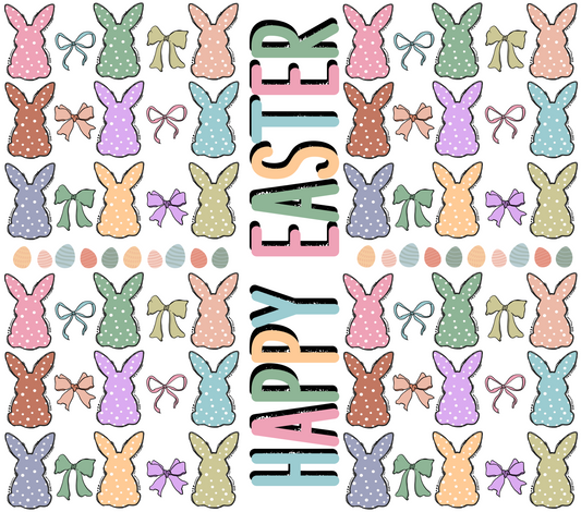 Colorful Easter-themed design with bunnies, bows, and 'Happy Easter' text