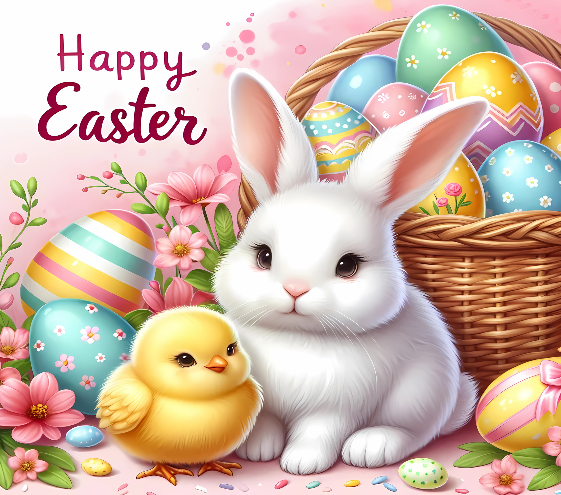 Happy Easter illustration with a white rabbit, yellow chick, and colorful eggs.