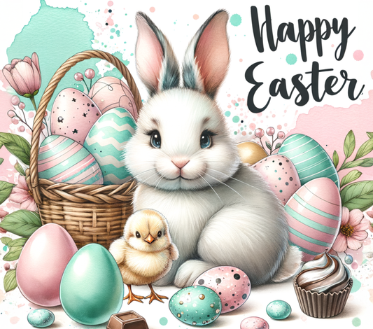 Happy Easter illustration with a bunny, chick, and colorful eggs.