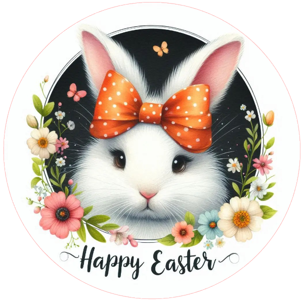 Rabbit wearing a bow tie and floral decorations, featuring 'Happy Easter' text on a white background.