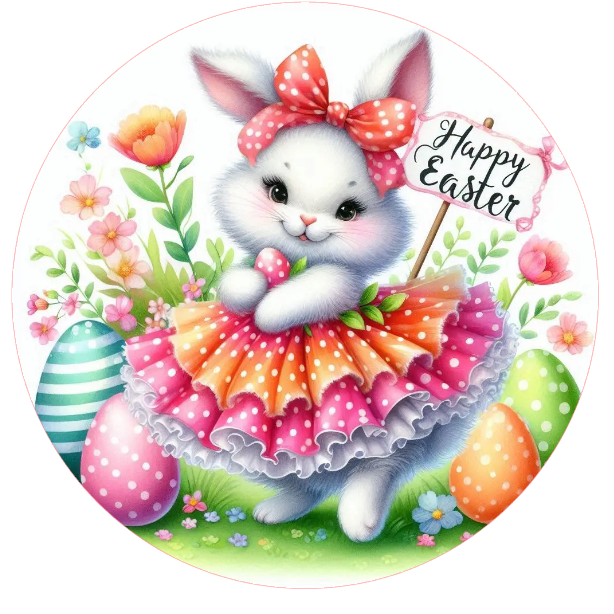 Easter-themed illustration with a rabbit in a dress surrounded by eggs and flowers.