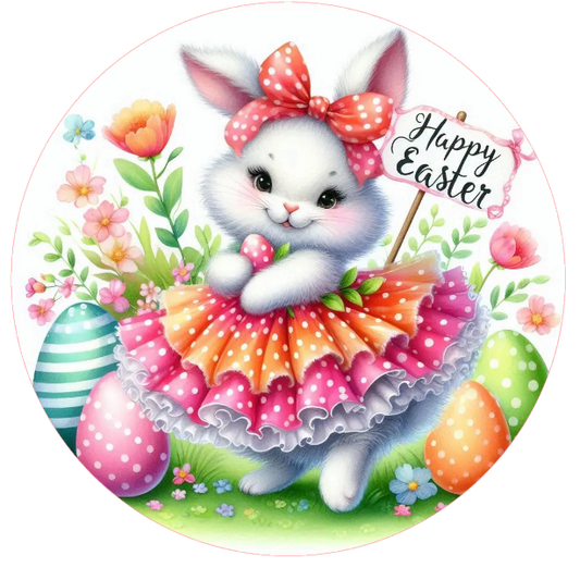 Easter-themed illustration with a rabbit in a dress surrounded by eggs and flowers.