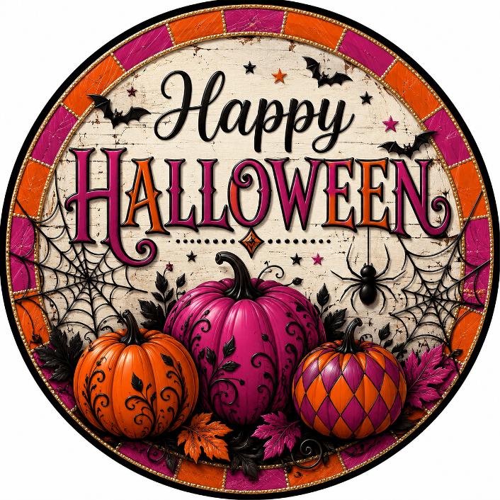 Round metal wreath sign featuring ornate pink and orange pumpkins with cobwebs, spiders and fall foliage with "happy Halloween" by Monkey's Creations. 