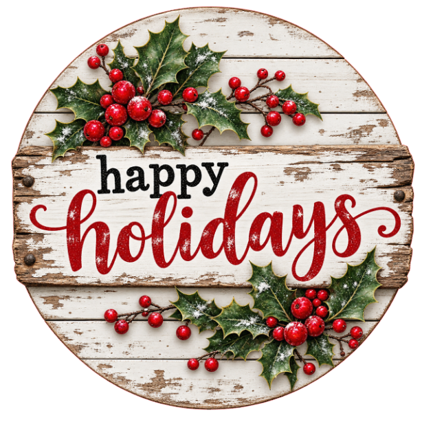 Round metal wreath sign with holly berry and leaves and "happy holidays" on vintage distressed white wood by Monkey's Creations. 