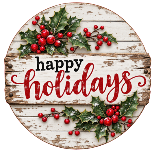 Round metal wreath sign with holly berry and leaves and "happy holidays" on vintage distressed white wood by Monkey's Creations. 