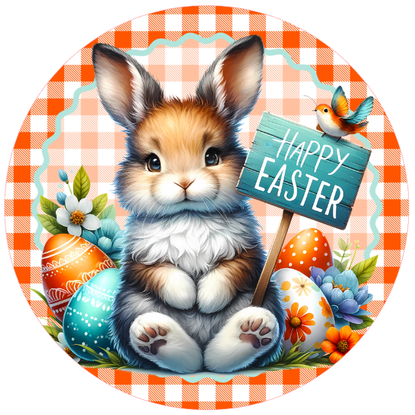 round Easter-themed metal wreath sign with a bunny, eggs, and 'Happy Easter' sign on a checkered border.