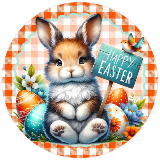 round Easter-themed metal wreath sign with a bunny, eggs, and 'Happy Easter' sign on a checkered border.