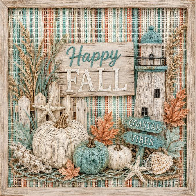 Rectangle metal wreath sign featuring autumn and coastal elements - pumpkins, shells, fall foliage, starfish, fishing nets, a lighthouse - with the text "Happy Fall - coastal vibes" by Monkey's Creations. 