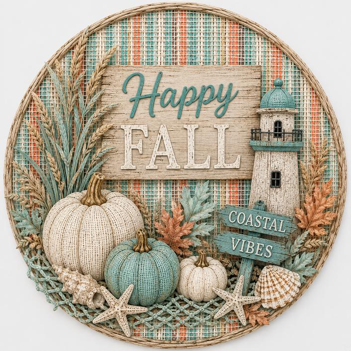 Round metal wreath sign featuring autumn and coastal elements - pumpkins, shells, fall foliage, starfish, fishing nets, a lighthouse - with the text "Happy Fall - coastal vibes" by Monkey's Creations. 