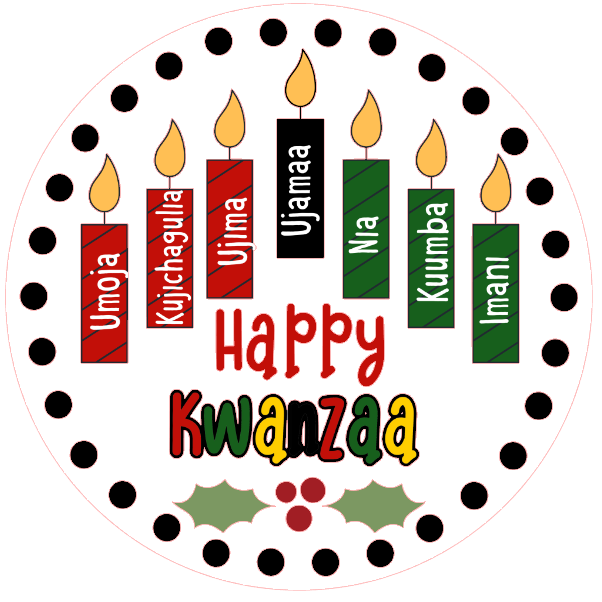 round metal wreath sign Kwanzaa design with candles and the word 'Happy Kwanzaa' on a white background
