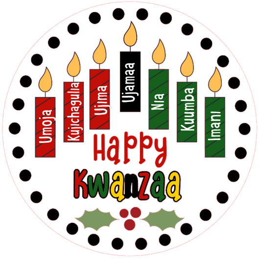 round metal wreath sign Kwanzaa design with candles and the word 'Happy Kwanzaa' on a white background