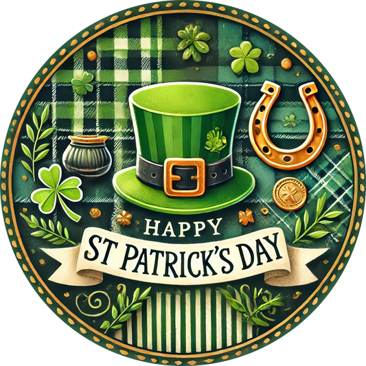 Round Happy St. Patrick's Day metal wreath sign with green hat, pot of gold, horseshoe, and shamrocks on a green plaid background.