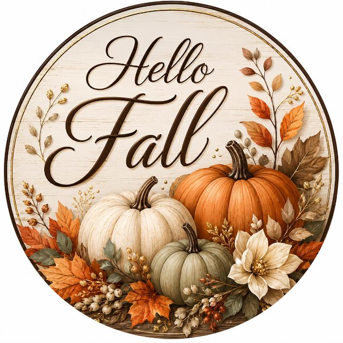 Round metal wreath sign featuring "hello fall" with orange, creme and sage colored pumpkins, fall foliage and flowers by Monkey's Creations. 