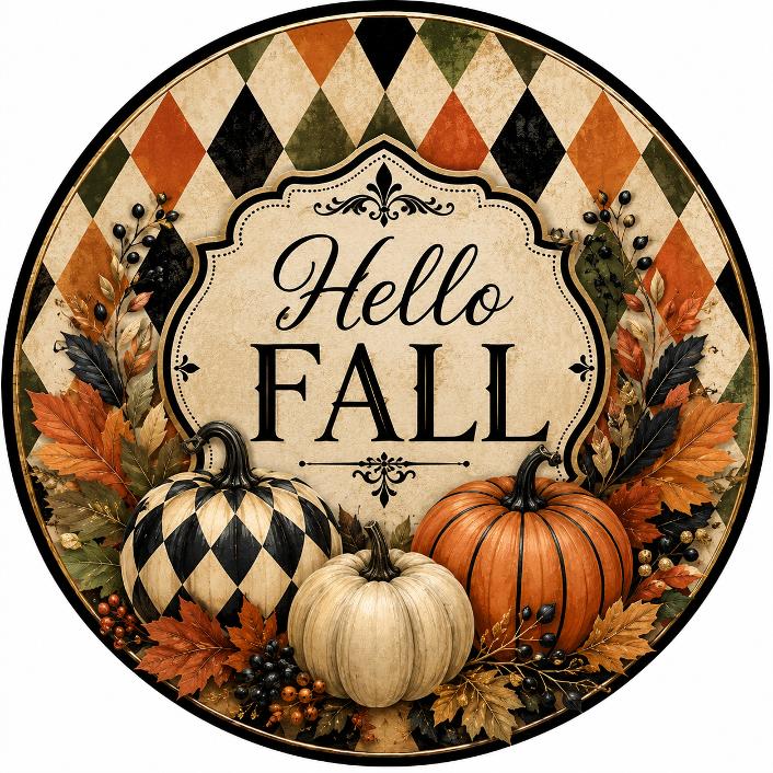 Round metal wreath sign featuring "hello fall" with orange, creme and black and cream harlequin pumpkins with an orange, sage, black and creme harlequin background by Monkey's Creations. 