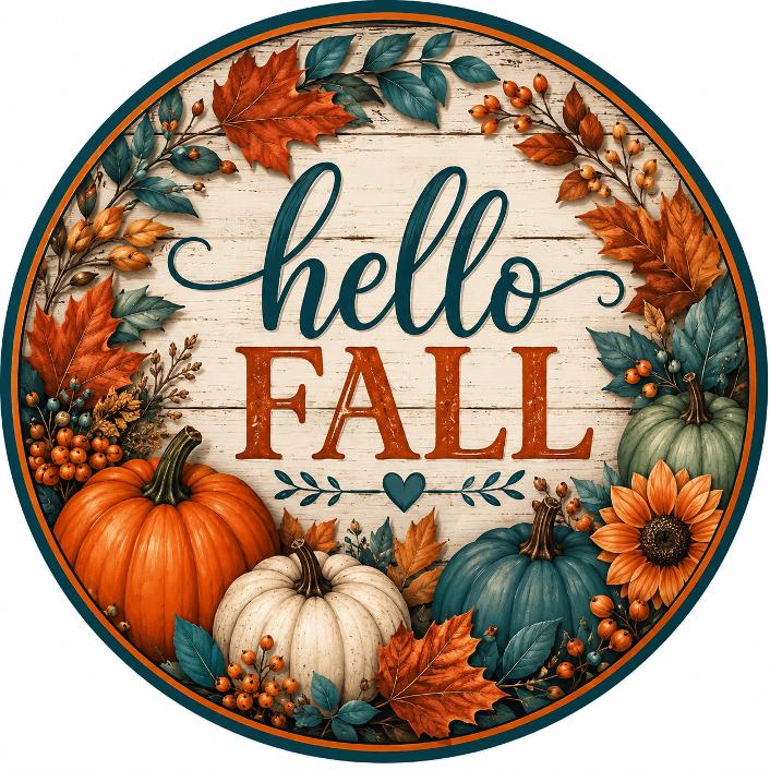 Round metal wreath sign with orange teal and white pumpkins and foliage and "hello fall" by Monkey's Creations. 