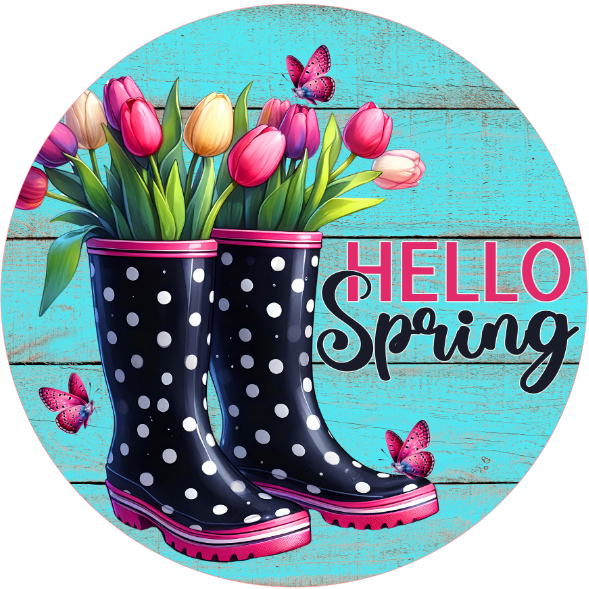 Round metal wreath sign with polka dot rain boots, tulips, and 'Hello Spring' text on a blue wooden background.