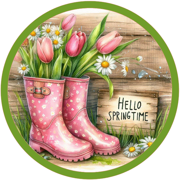Round metal wreath sign with pink rain boots with tulips and daisies with 'Hello Springtime' text.