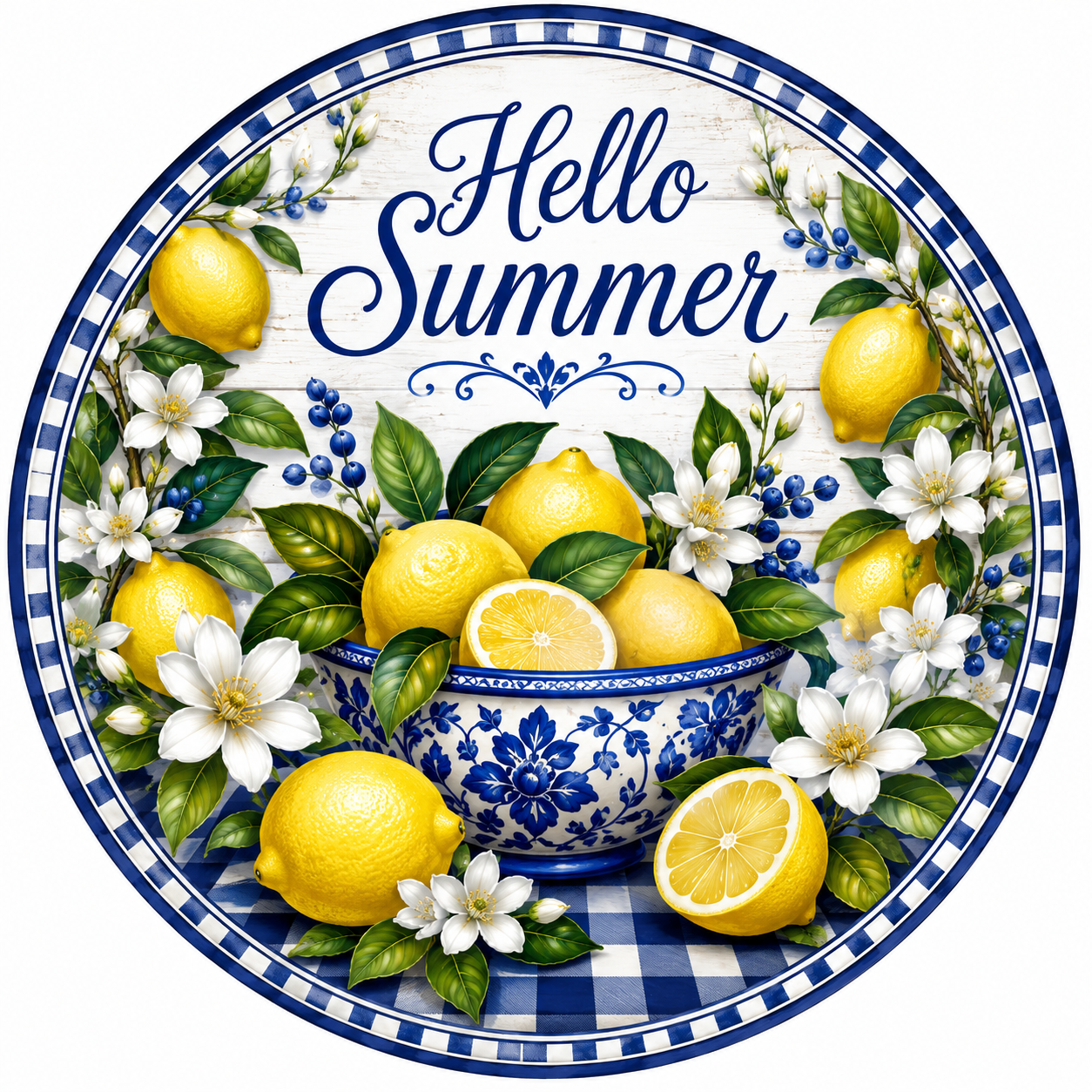 Round metal wreath sign with blue check, flowers, blueberries and a bowl of lemons with "hello summer" by Monkey's Creations. 