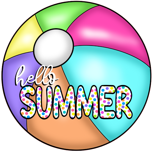 Colorful beach ball with 'hello summer' text