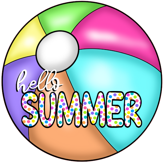 Colorful beach ball with 'hello summer' text