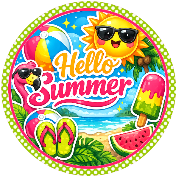 Round metal wreath sign with the text 'Hello Summer' and beach and summer elements by Monkey's Creations.