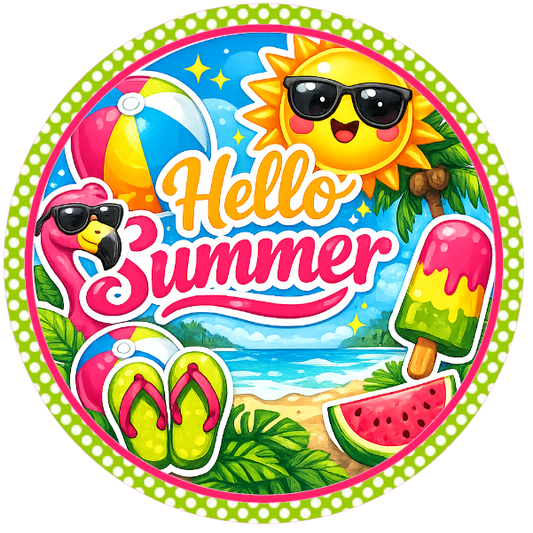 Round metal wreath sign with the text 'Hello Summer' and beach and summer elements by Monkey's Creations.